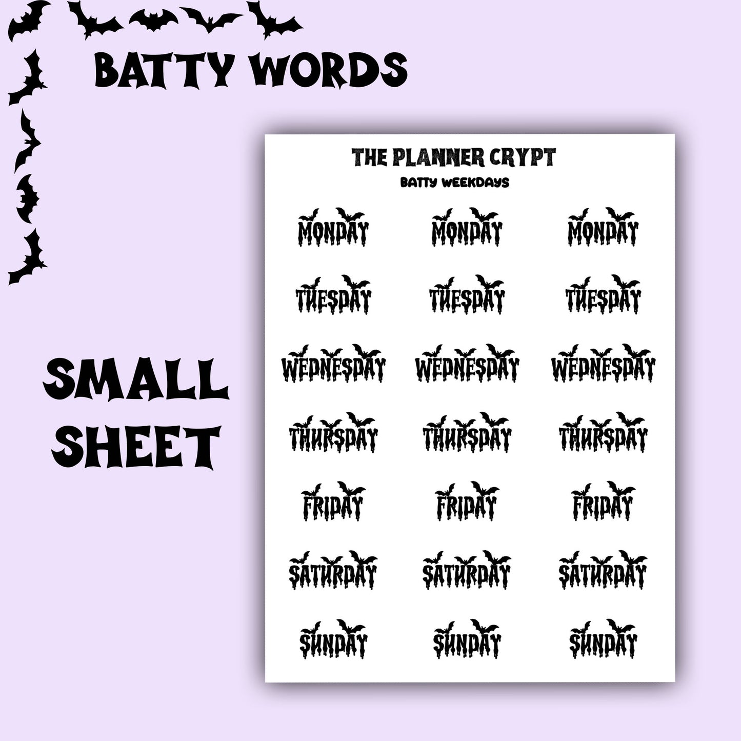 Script words, planner stickers, bats, spooky, goth planner, vertical planner, small journal, functional stickers, weekly planner, hobo week