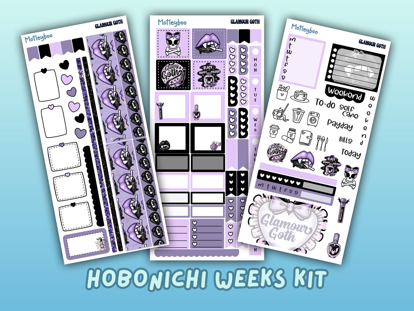 Hobonichi weeks, weekly planner sticker kit, goth planner stickers, bullet journal stickers, small planner stickers, goth glamour