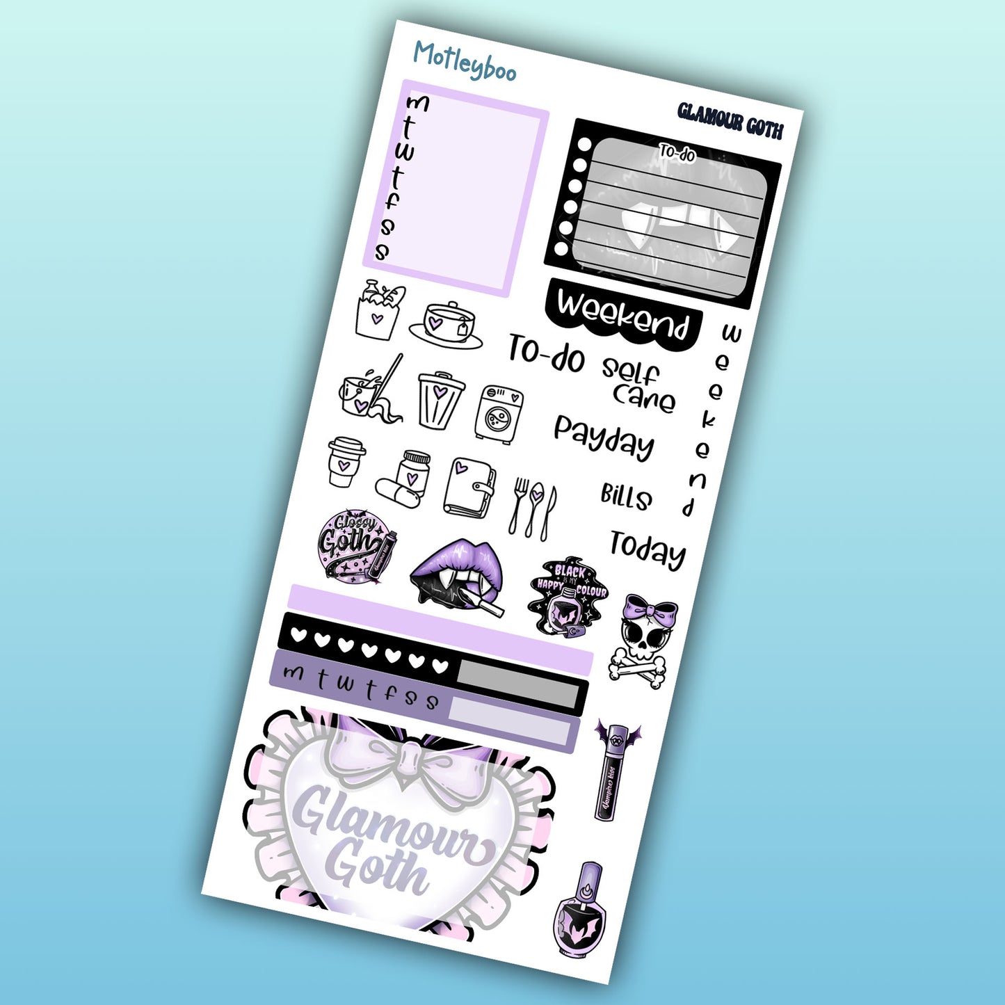 Hobonichi weeks, weekly planner sticker kit, goth planner stickers, bullet journal stickers, small planner stickers, goth glamour