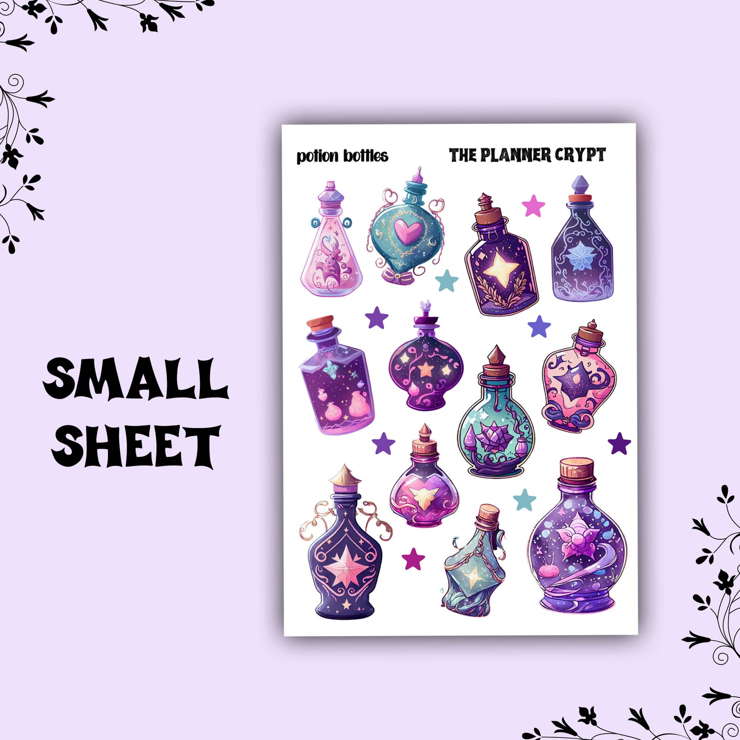 planner sticker sheet, potion bottle stickers, witchy stickers, celestial stickers, witch vibes, goth stickers, pretty stickers, moons, star