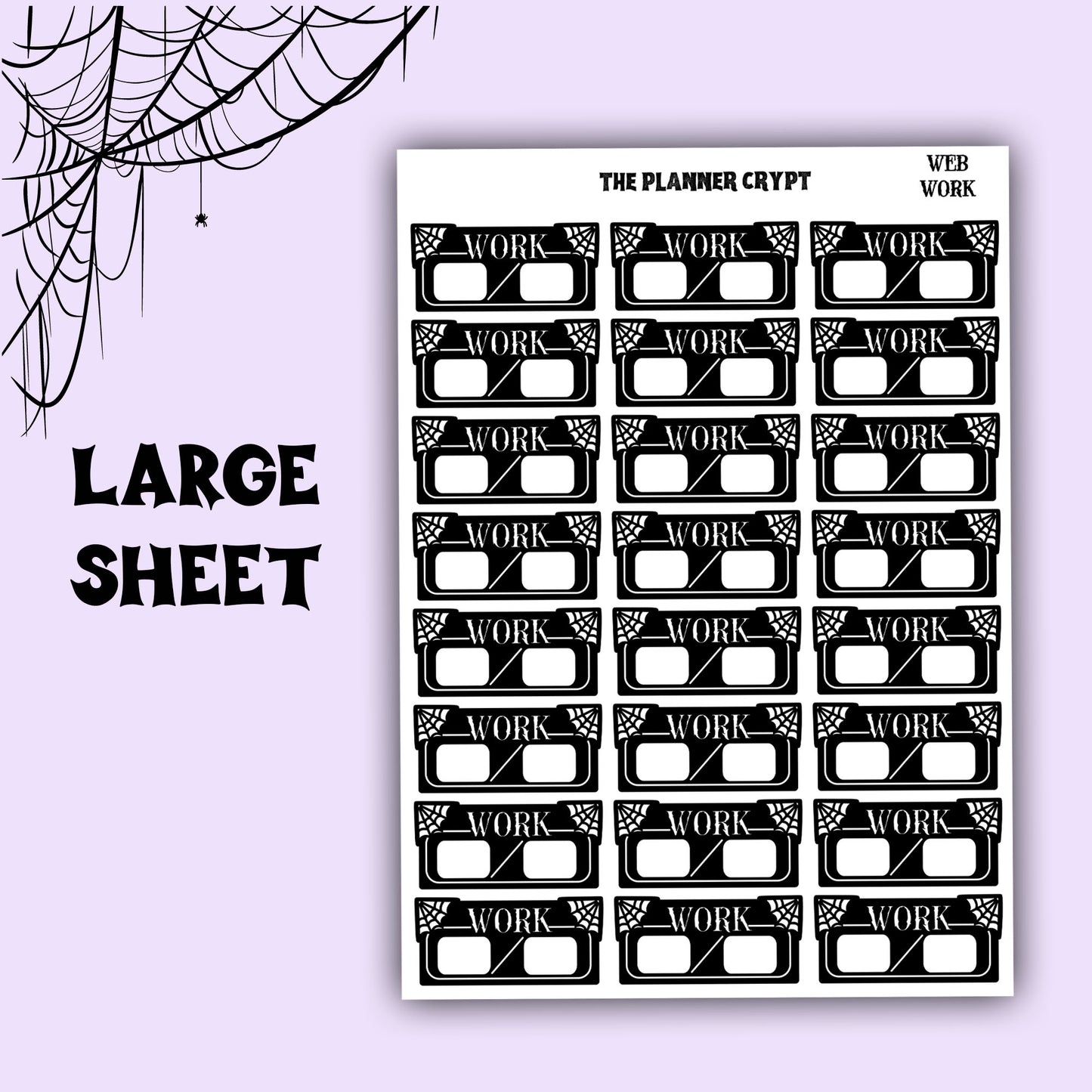 planner stickers, work stickers, vertical planner, gothic planner, functional stickers, black and white, spiderweb stickers, header sticker