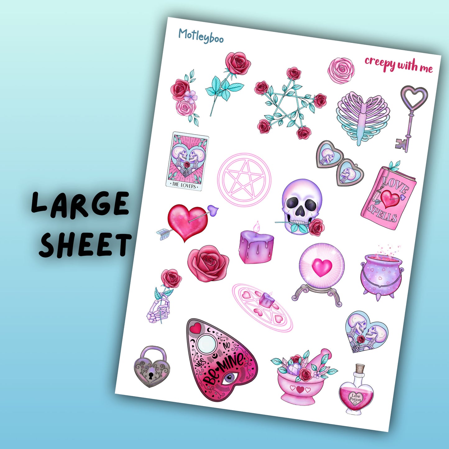 valentines day sticker sheet, spooky love stickers, spooky stickers, goth planner