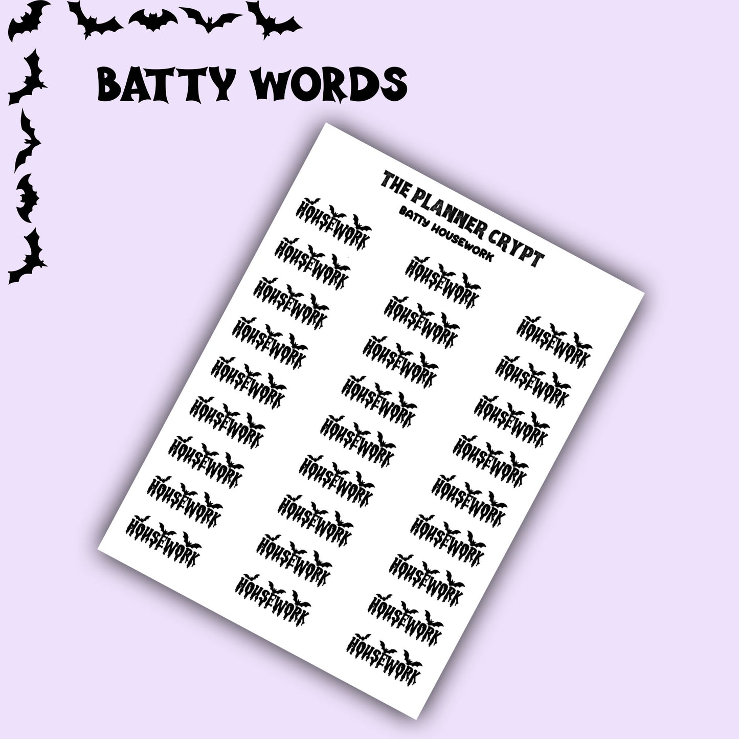 Script words, planner stickers, bats, spooky, goth planner, vertical planner, small journal, functional stickers, weekly planner, hobo week