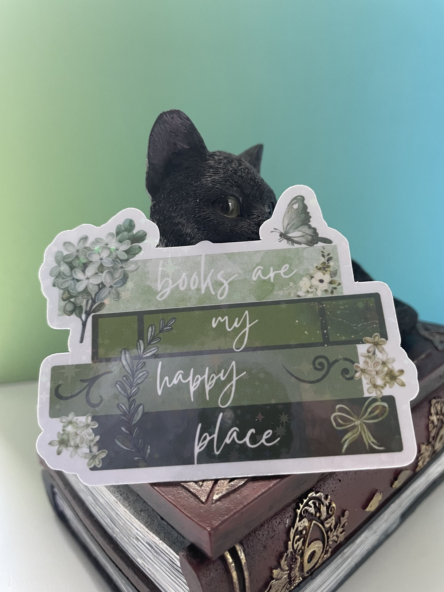 Books are my happy place sticker, gifts for book lovers, green sticker, die cut sticker, laminated, laptop sticker, vinyl sticker, bookish