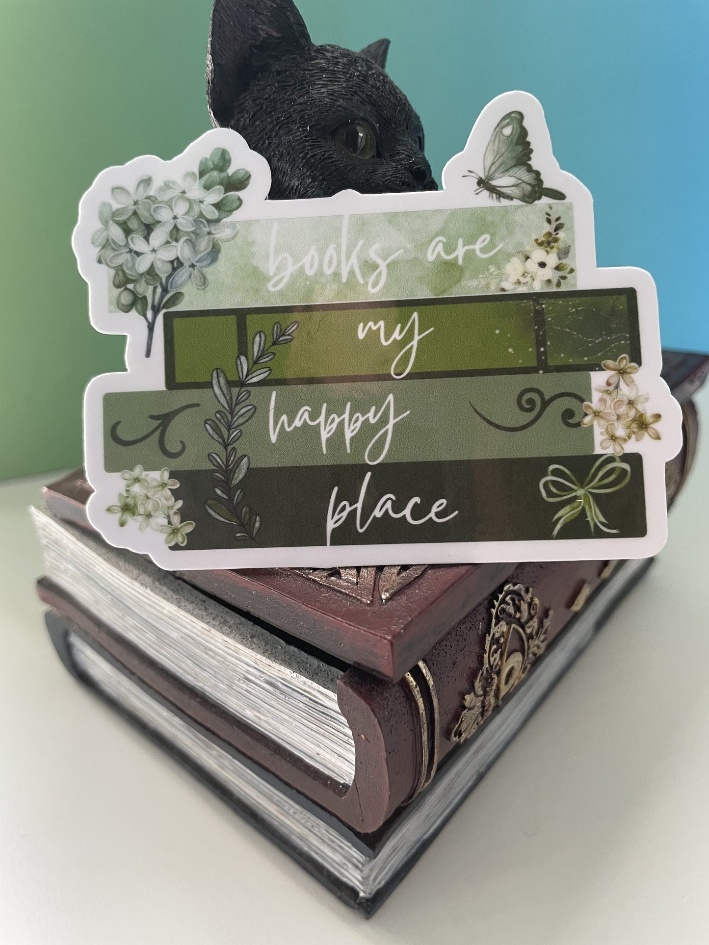 Books are my happy place sticker, gifts for book lovers, green sticker, die cut sticker, laminated, laptop sticker, vinyl sticker, bookish