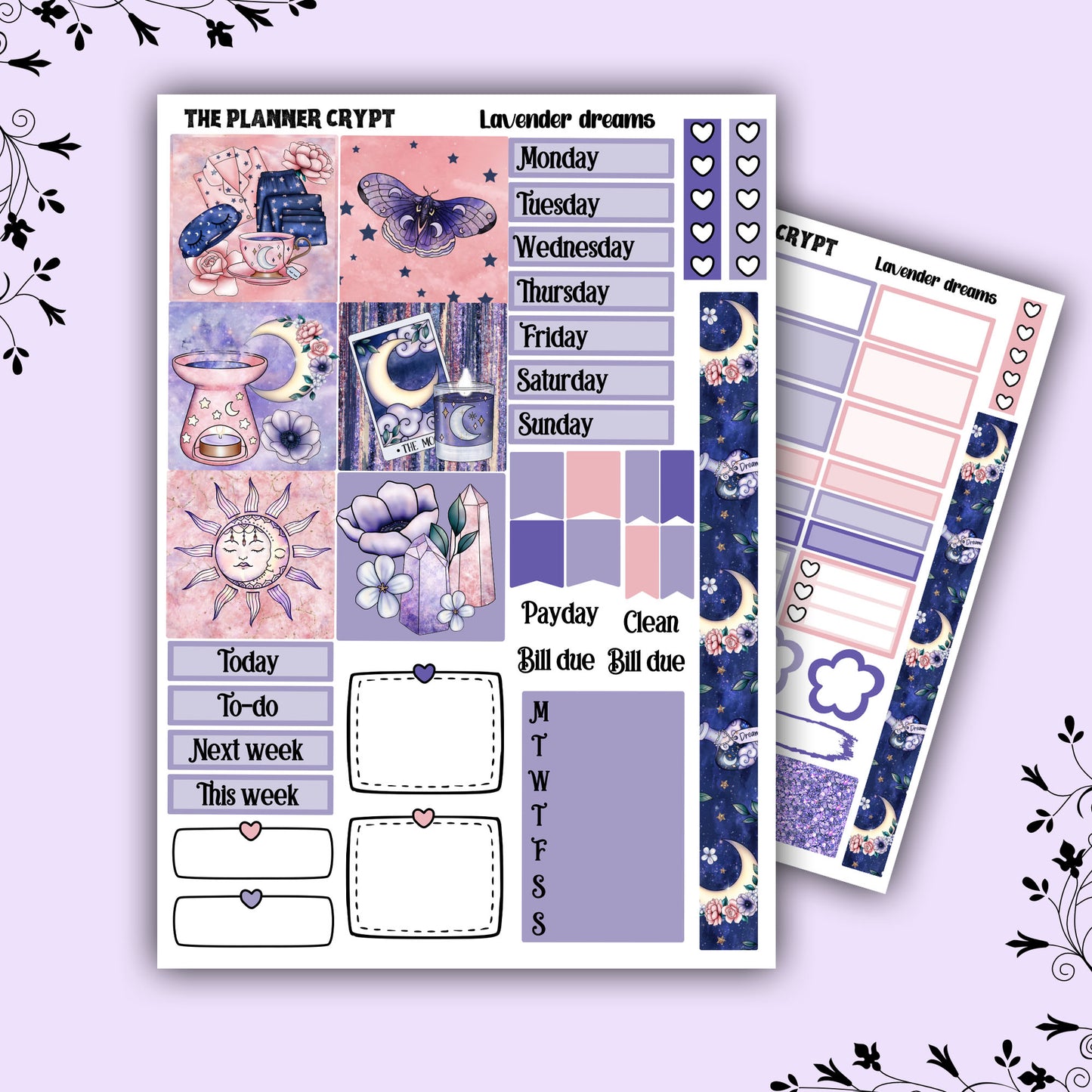 Hobonichi cousin planner sticker kit, celestial stickers, gothic planner kit, lavender dreams