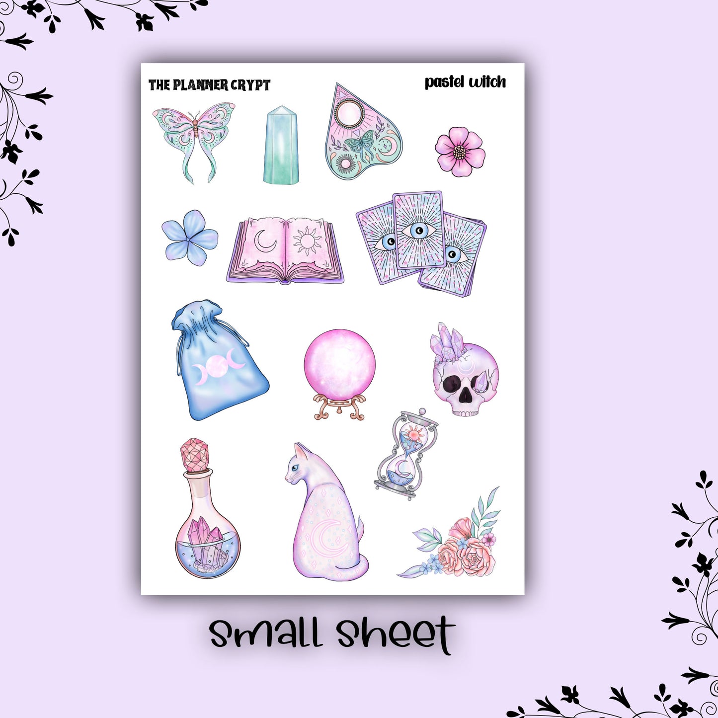 planner stickers, pastel goth, deco stickers, vertical planner, journal, happy planner, pastel goth, witchy stickers, pretty stickers, pastel witch