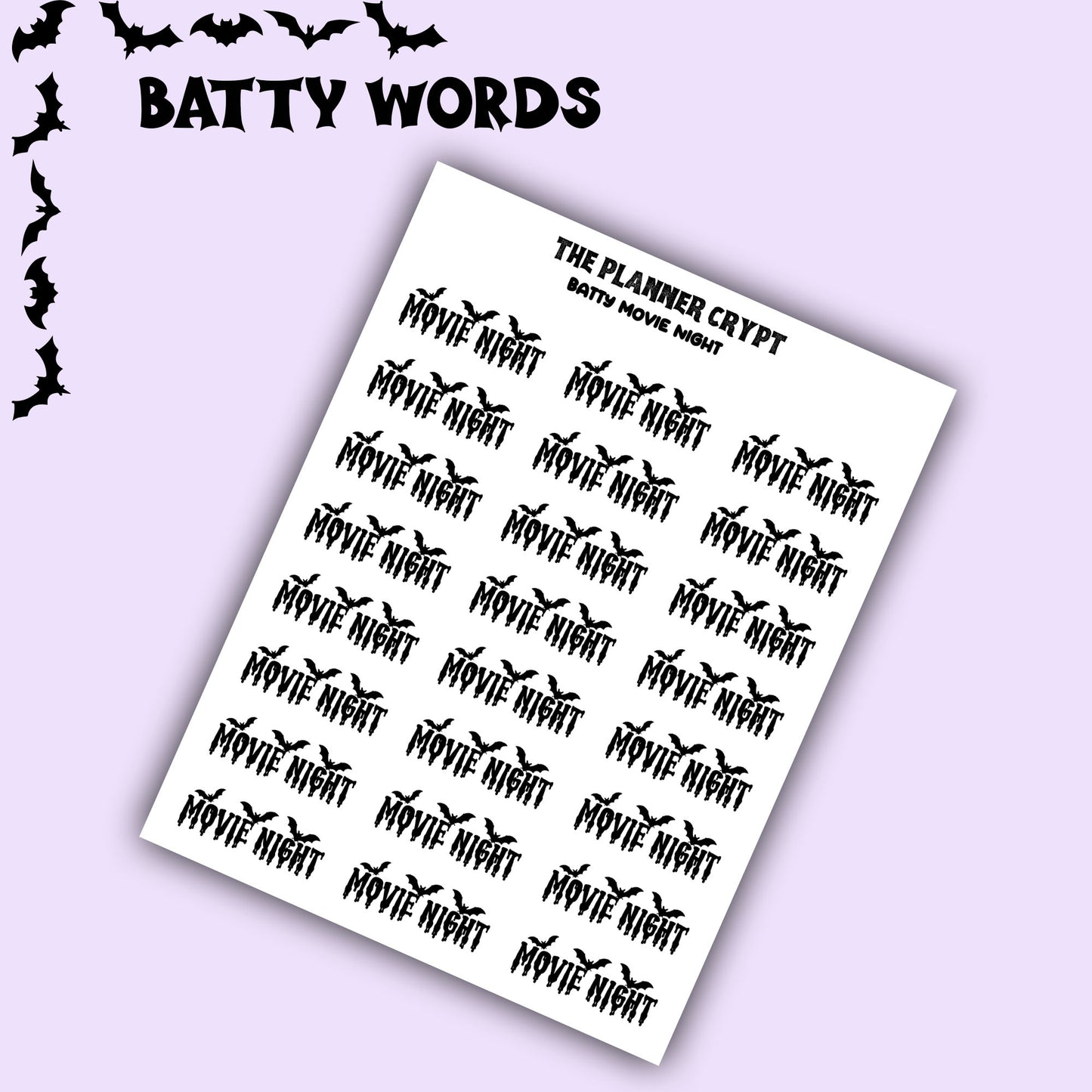 Script words, planner stickers, bats, spooky, goth planner, vertical planner, small journal, functional stickers, weekly planner, hobo week