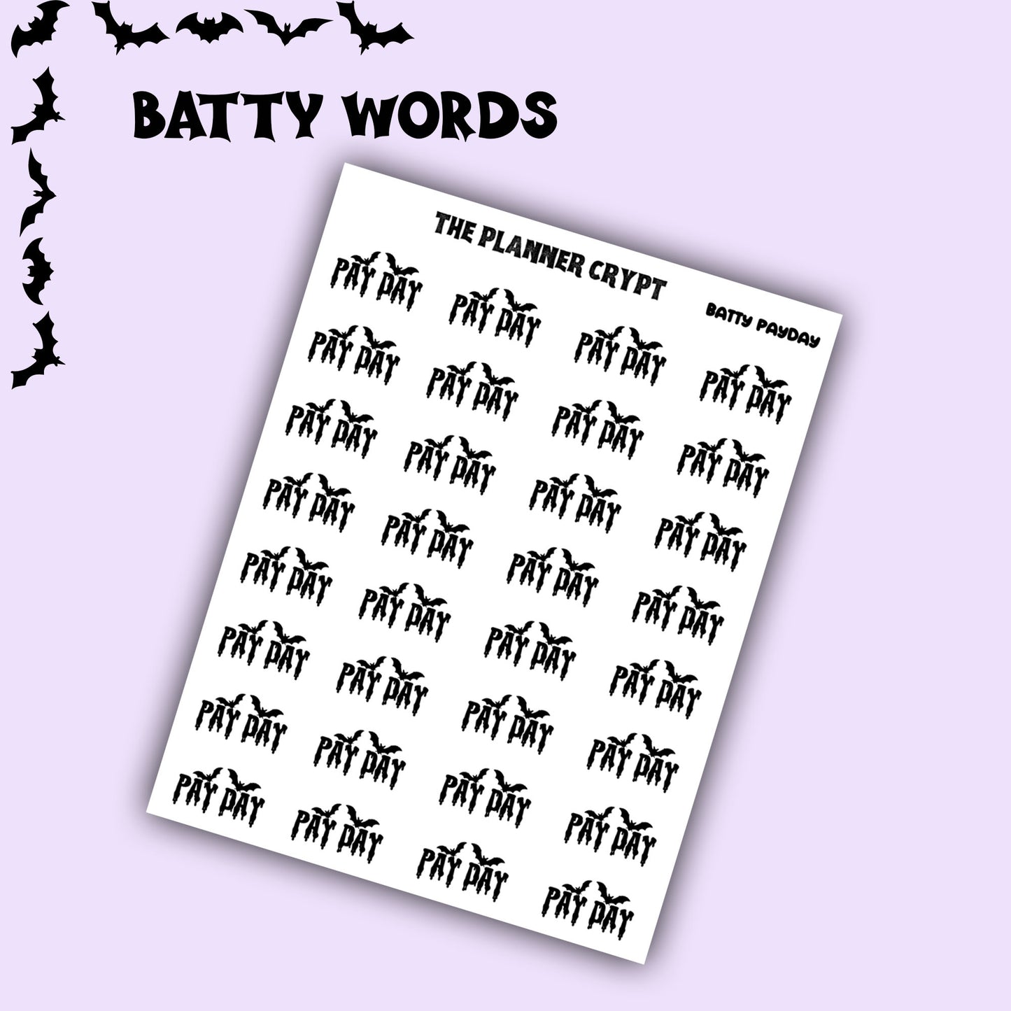 Script words, planner stickers, bats, spooky, goth planner, vertical planner, small journal, functional stickers, weekly planner, hobo week