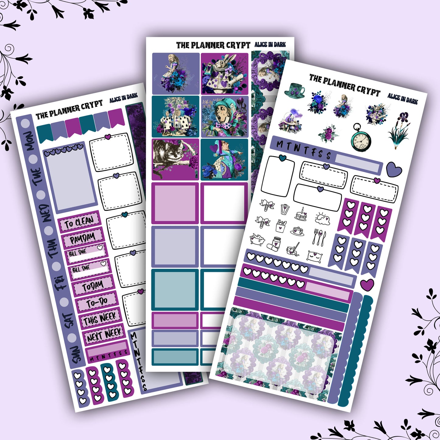 Alice in dark hobonichi weeks, sticker kit, hobonichi planner, cute stickers, hobonichi functional stickers, small planner stickers, gothic alice