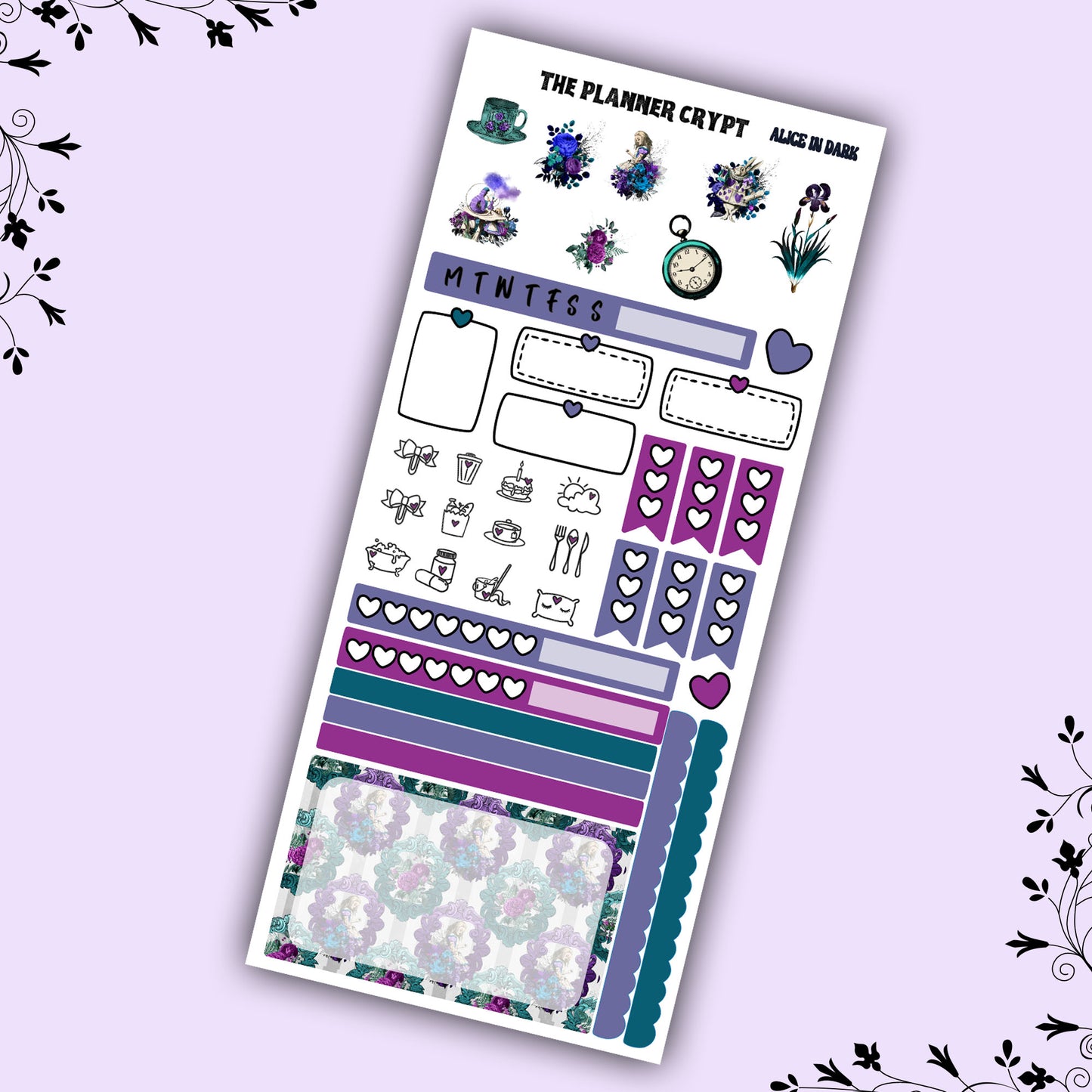 Alice in dark hobonichi weeks, sticker kit, hobonichi planner, cute stickers, hobonichi functional stickers, small planner stickers, gothic alice