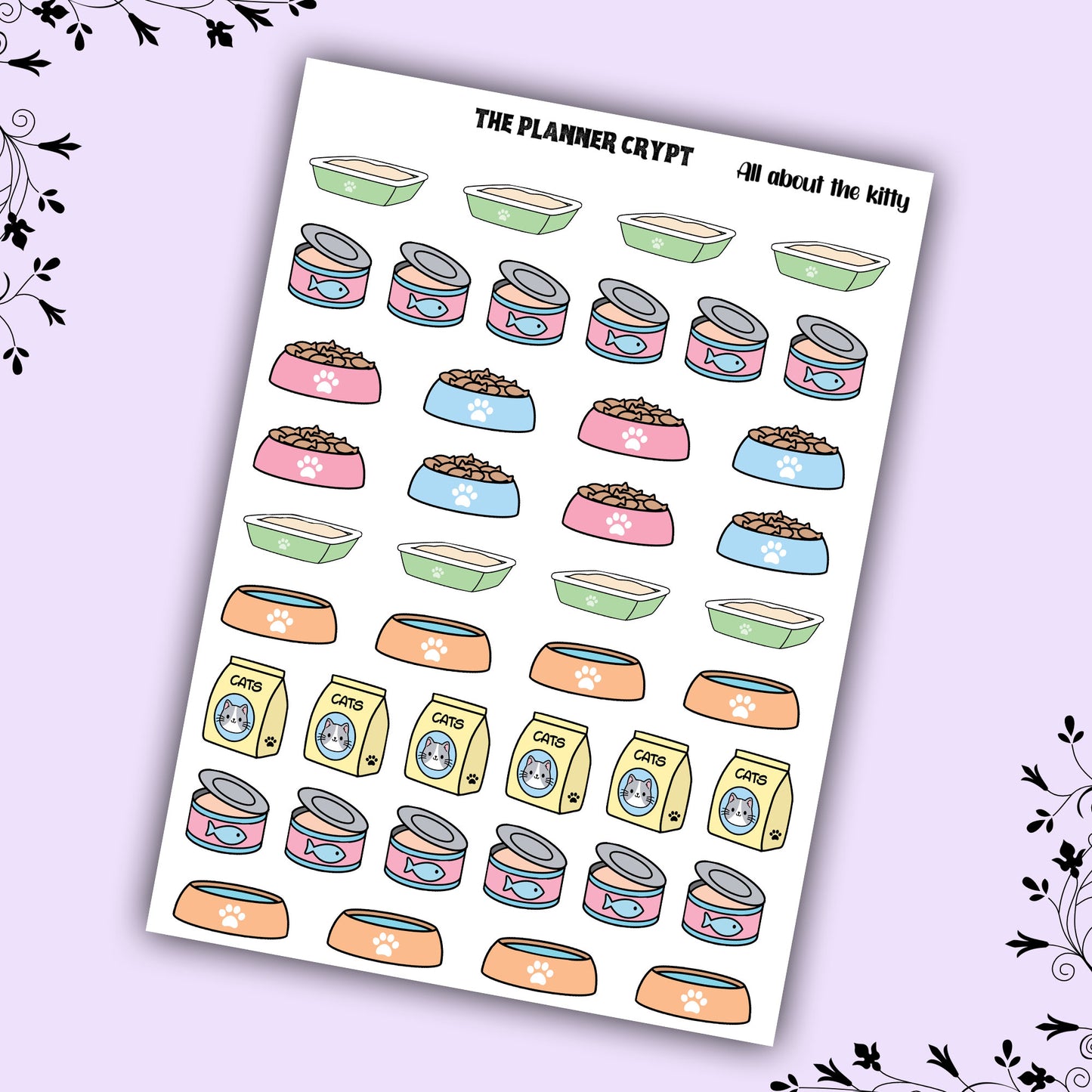 Planner sticker sheet, functional stickers, gifts for pet owners, cat food stickers, kitty stickers, all about the kitty