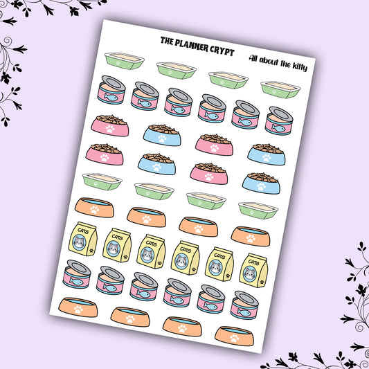 Planner sticker sheet, functional stickers, gifts for pet owners, cat food stickers, kitty stickers, all about the kitty