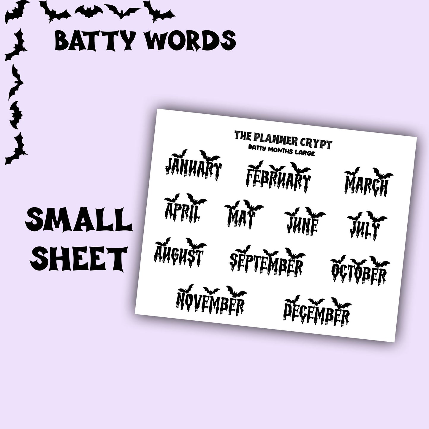 Script words, planner stickers, bats, spooky, goth planner, vertical planner, small journal, functional stickers, weekly planner, hobo week