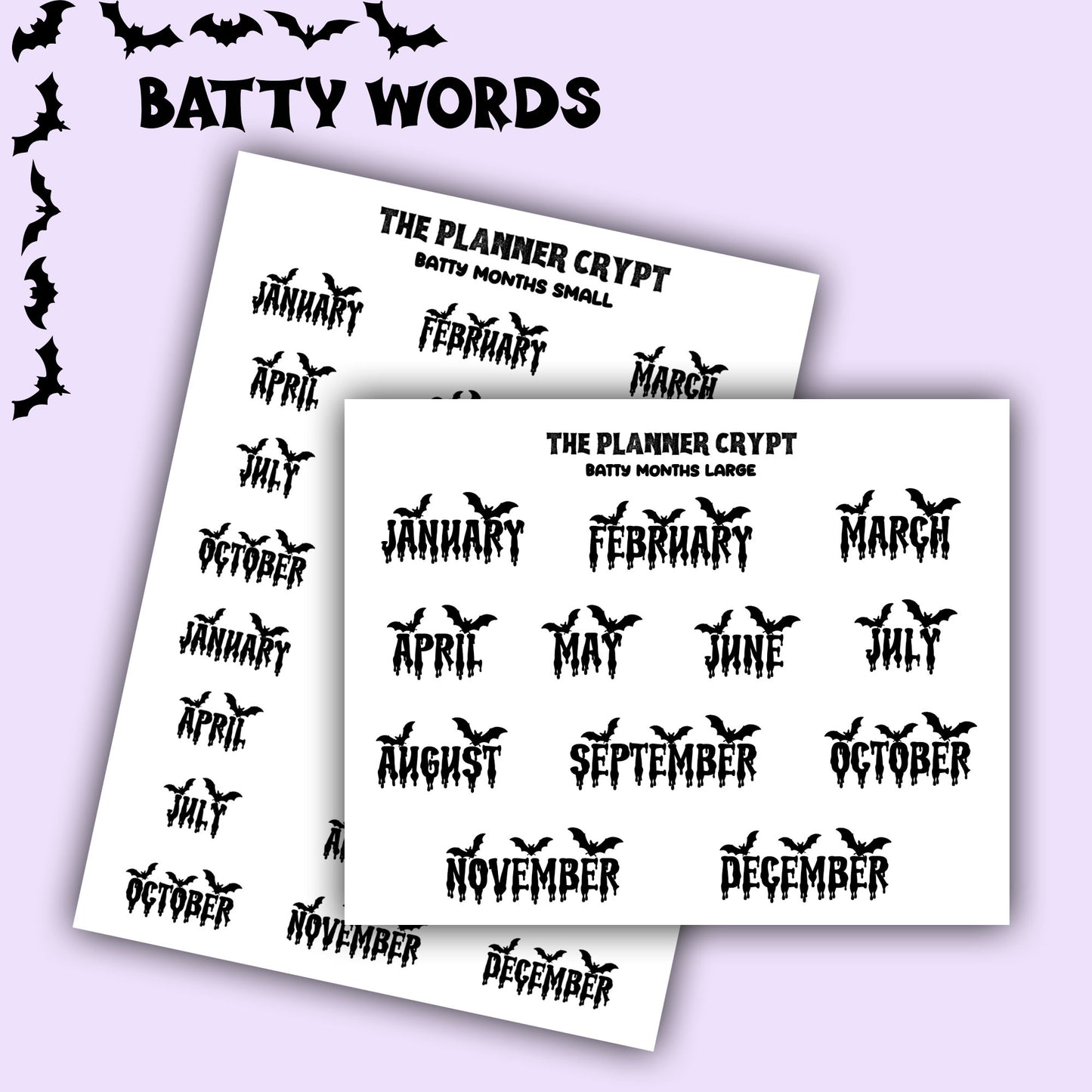 Script words, planner stickers, bats, spooky, goth planner, vertical planner, small journal, functional stickers, weekly planner, hobo week