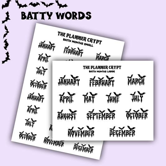 Script words, planner stickers, bats, spooky, goth planner, vertical planner, small journal, functional stickers, weekly planner, hobo week