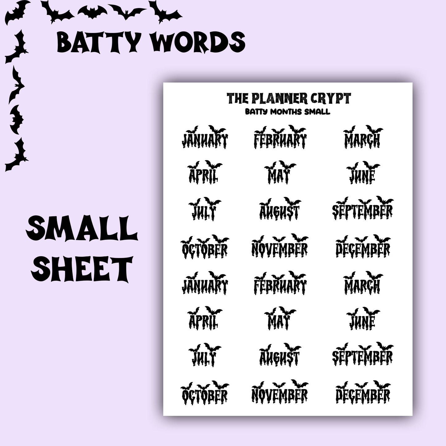 Script words, planner stickers, bats, spooky, goth planner, vertical planner, small journal, functional stickers, weekly planner, hobo week