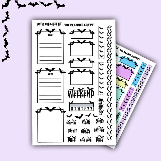 weekly planner stickers, gothic stickers, bat stickers, one sheet week, vertical planner,  stickers, planner boxes, functional stickers