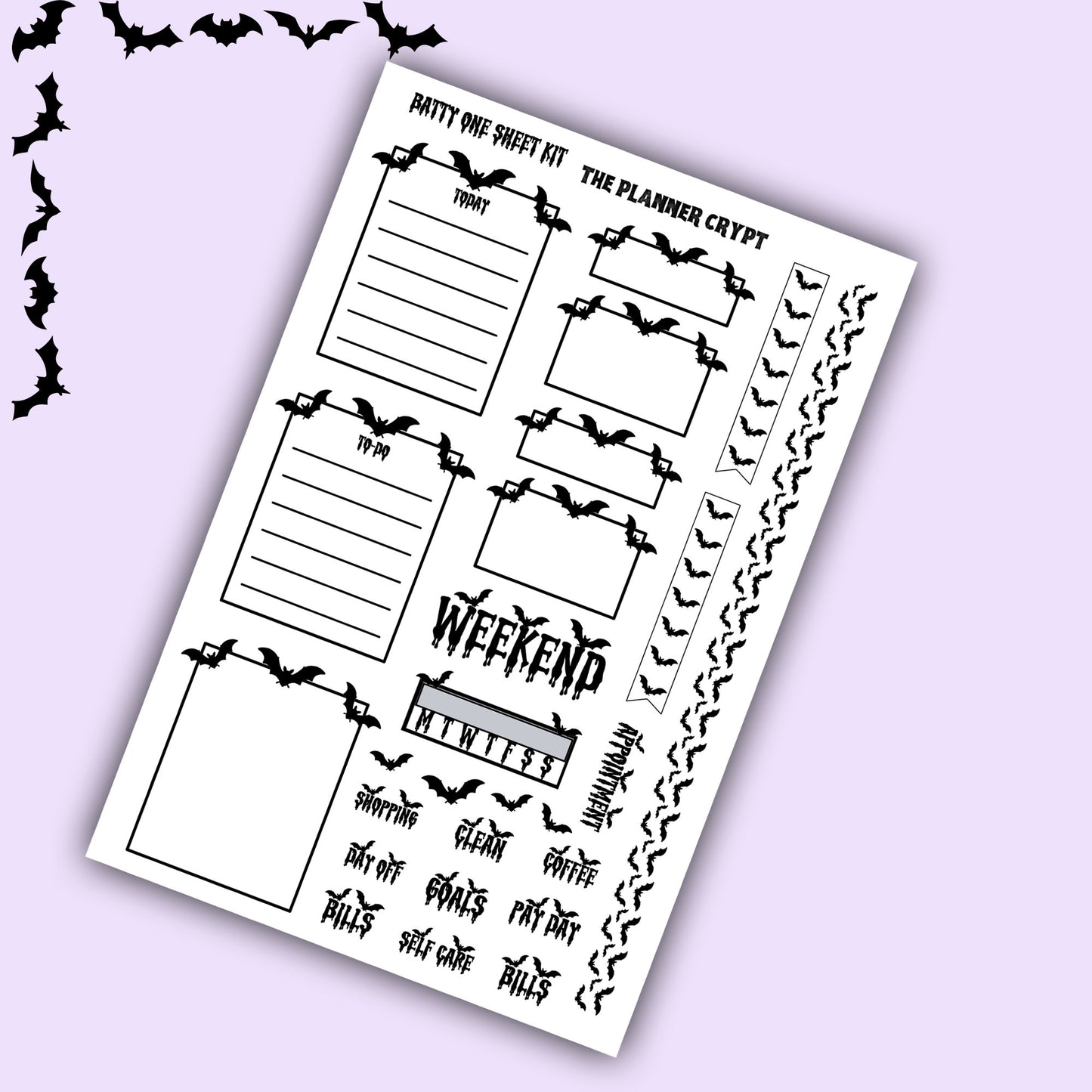 weekly planner stickers, gothic stickers, bat stickers, one sheet week, vertical planner,  stickers, planner boxes, functional stickers