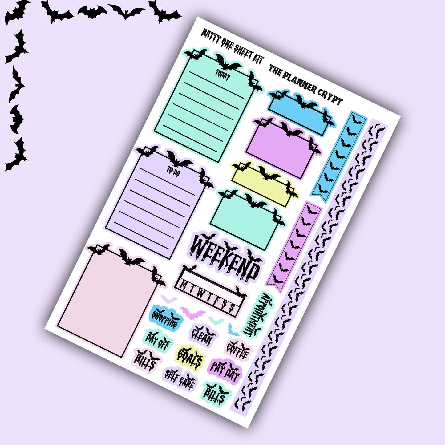 weekly planner stickers, gothic stickers, bat stickers, one sheet week, vertical planner,  stickers, planner boxes, functional stickers