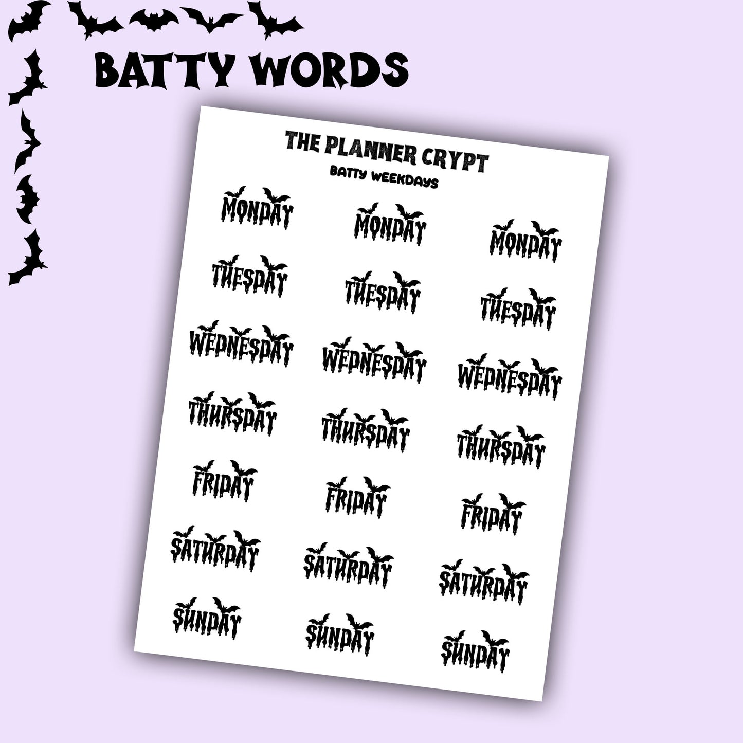 Script words, planner stickers, bats, spooky, goth planner, vertical planner, small journal, functional stickers, weekly planner, hobo week