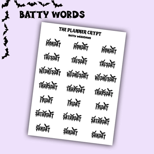 Script words, planner stickers, bats, spooky, goth planner, vertical planner, small journal, functional stickers, weekly planner, hobo week