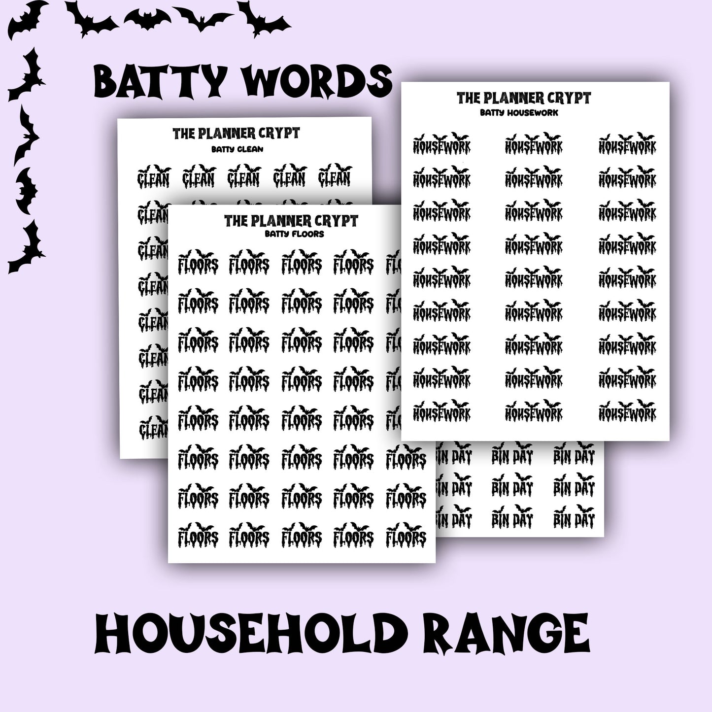 Script words, planner stickers, bats, spooky, goth planner, vertical planner, small journal, functional stickers, weekly planner, hobo week