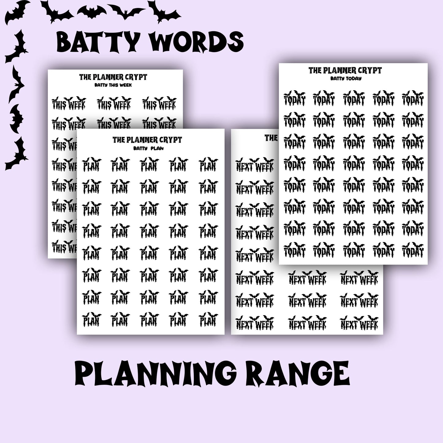 Script words, planner stickers, bats, spooky, goth planner, vertical planner, small journal, functional stickers, weekly planner, hobo week
