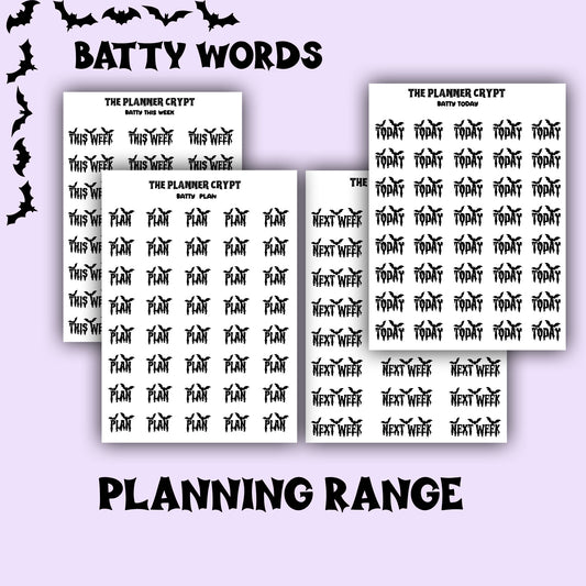Script words, planner stickers, bats, spooky, goth planner, vertical planner, small journal, functional stickers, weekly planner, hobo week