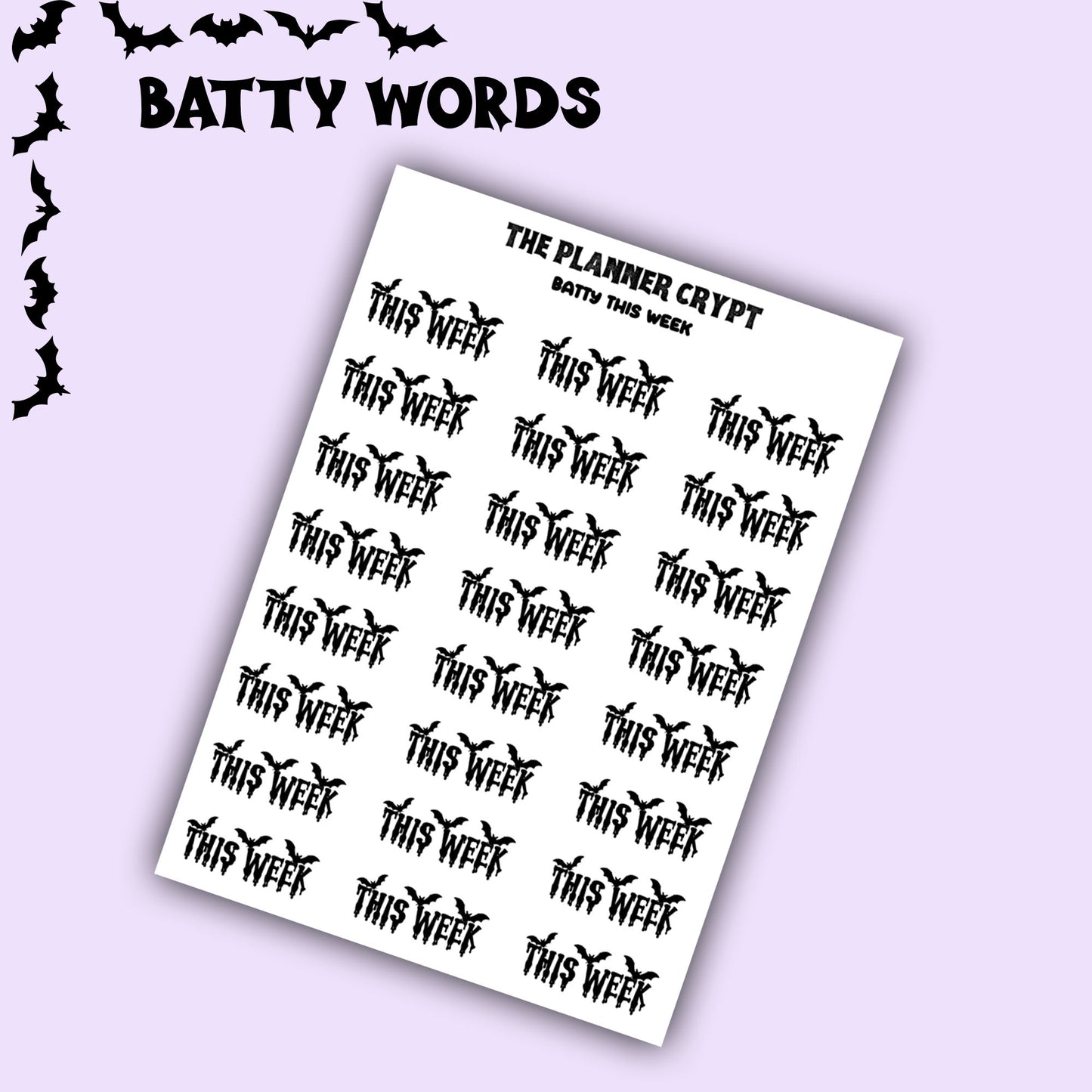 Script words, planner stickers, bats, spooky, goth planner, vertical planner, small journal, functional stickers, weekly planner, hobo week
