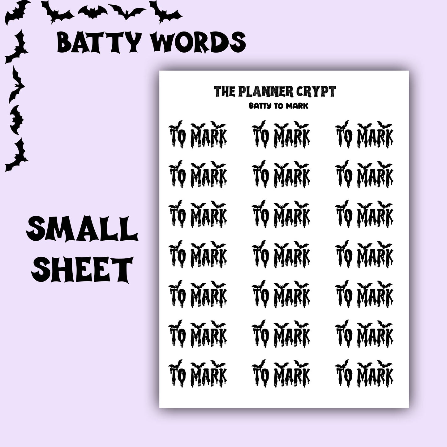 Script words, planner stickers, bats, spooky, goth planner, vertical planner, small journal, functional stickers, weekly planner, hobo week