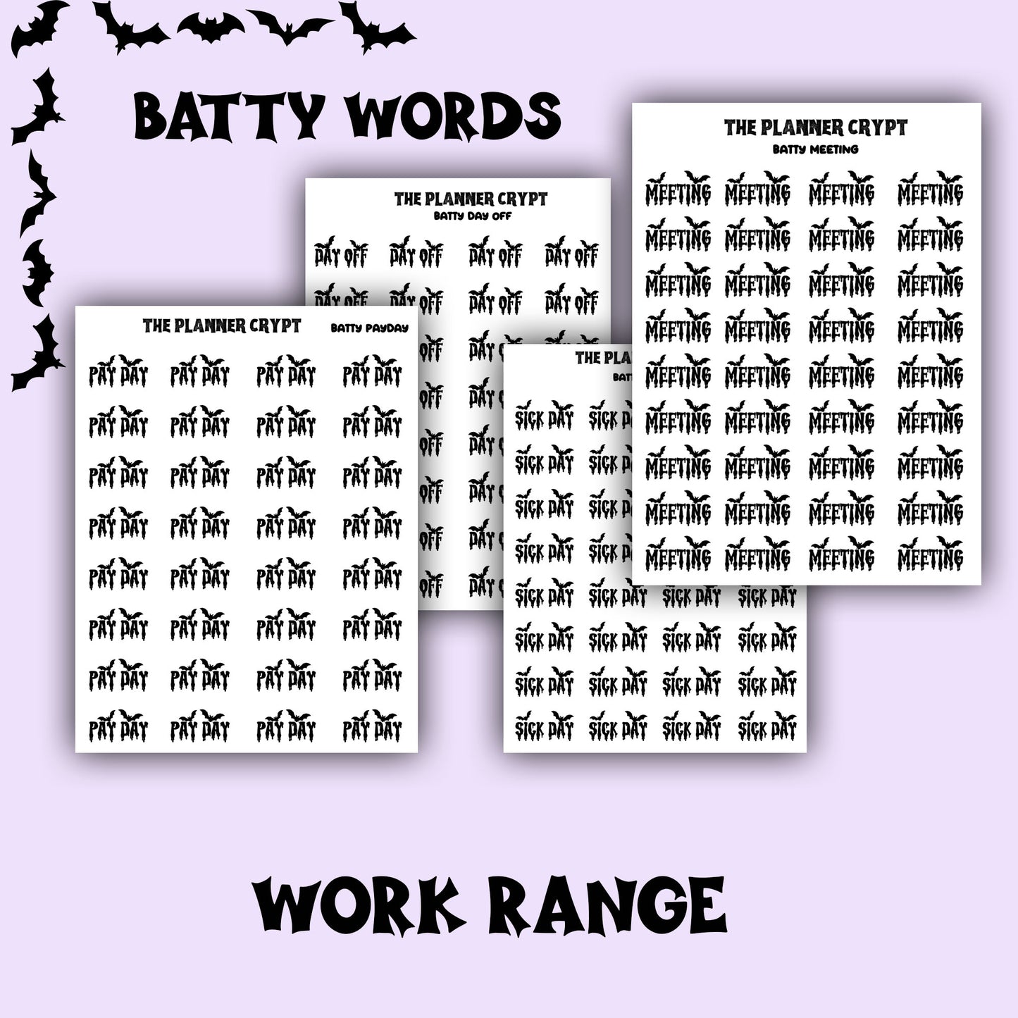 Script words, planner stickers, bats, spooky, goth planner, vertical planner, small journal, functional stickers, weekly planner, hobo week