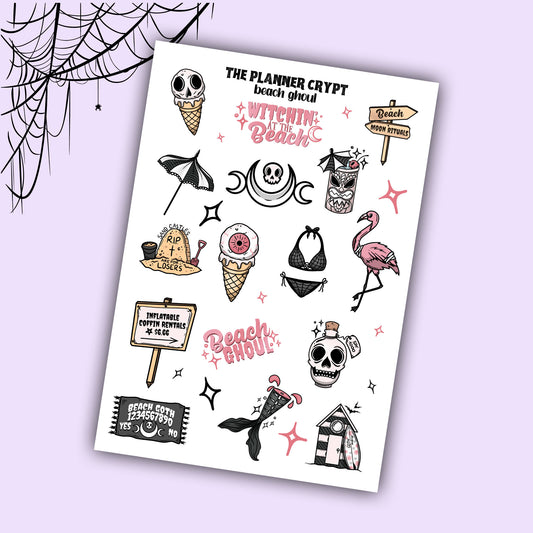 planner sticker sheet, goth girl stickers, beach ghoul, beach goth, summertime goth, gifts for goths, journalling, spooky stickers