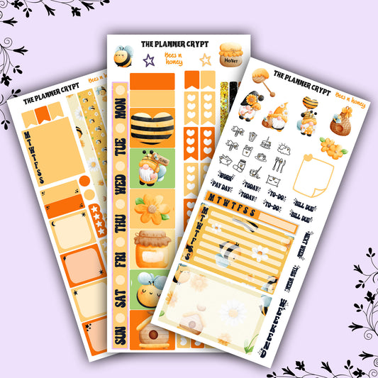 Hobonichi weeks kit, weekly sticker kit, bee stickers, gnome stickers, summer sticker, small journal, flower stickers, planners, bee lovers