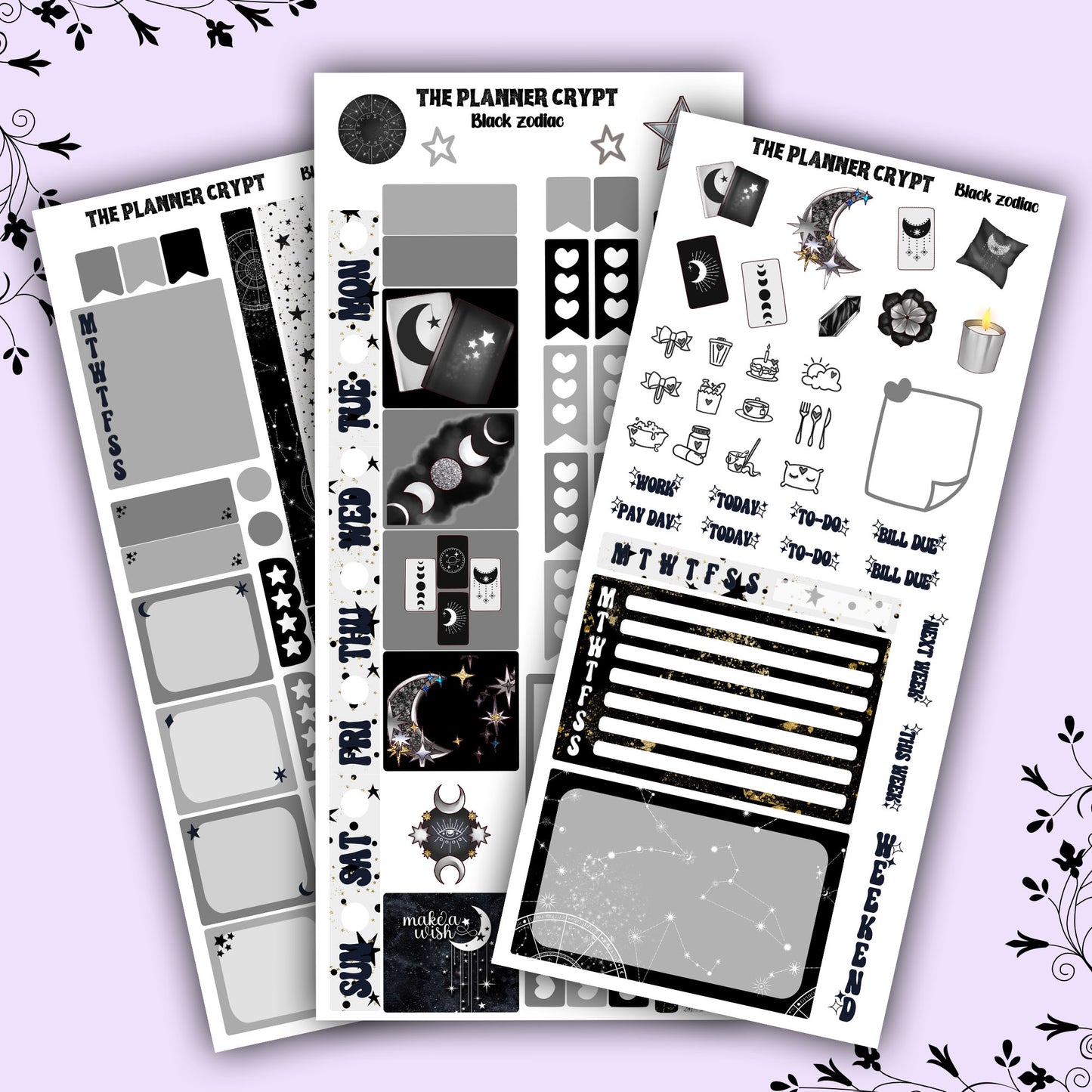 Hobonichi weeks, sticker kit, hobonichi planner, black zodiac, celestial stickers, witchy planner, hobonichi functional stickers,
