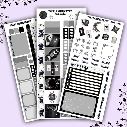 Hobonichi weeks, sticker kit, hobonichi planner, black zodiac, celestial stickers, witchy planner, hobonichi functional stickers,