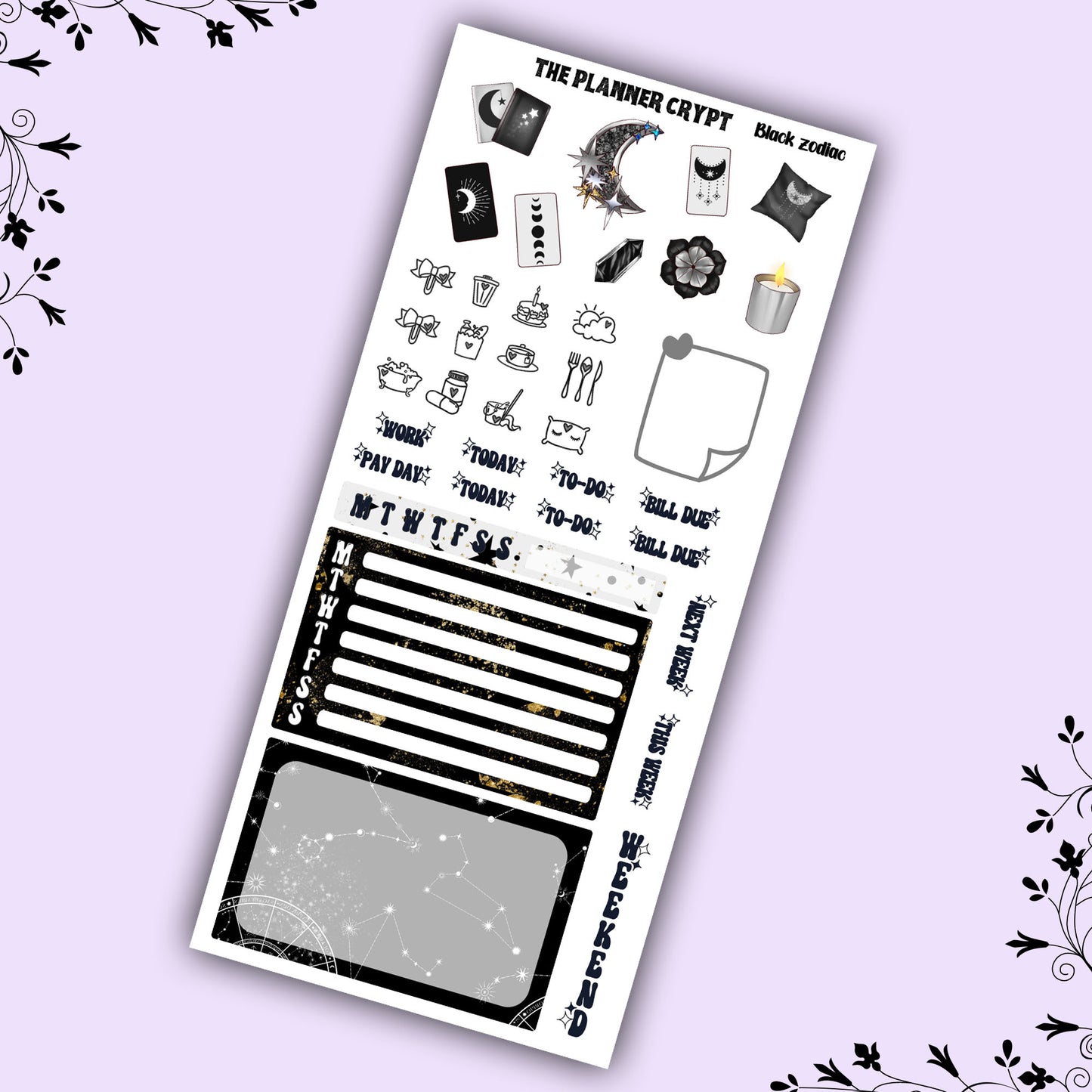 Hobonichi weeks, sticker kit, hobonichi planner, black zodiac, celestial stickers, witchy planner, hobonichi functional stickers,