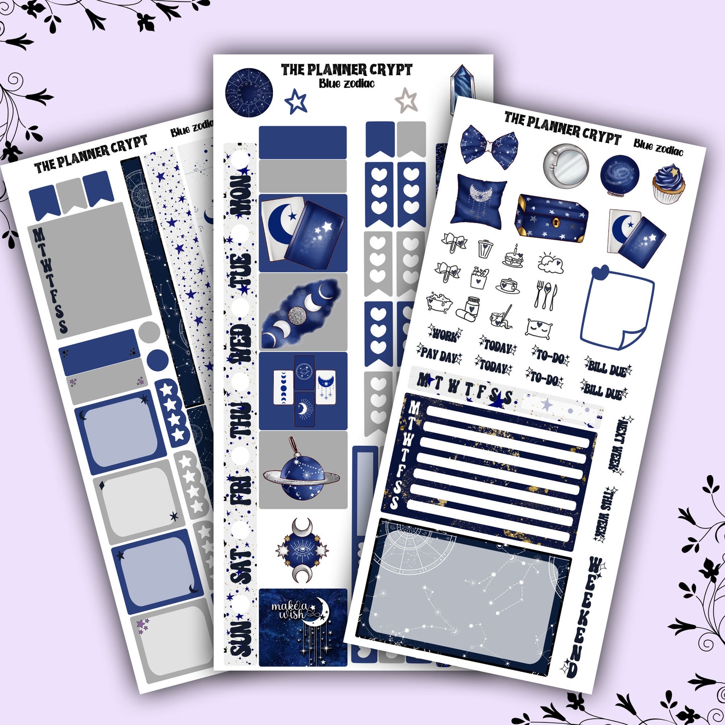 Hobonichi weeks, sticker kit, hobonichi planner, black zodiac, celestial stickers, witchy planner, hobonichi functional stickers, blue zodiac
