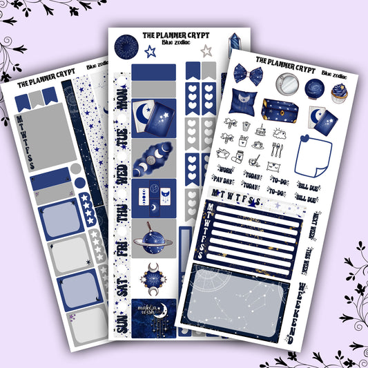 Hobonichi weeks, sticker kit, hobonichi planner, black zodiac, celestial stickers, witchy planner, hobonichi functional stickers, blue zodiac