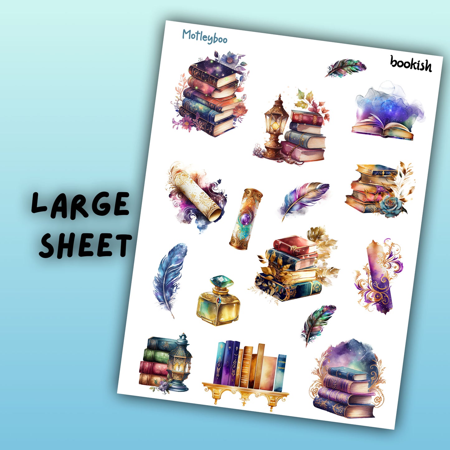 bookish stickers, fantasy stickers, watercolour stickers, sticker sheet, gifts for book lovers, gifts for book nerds, gothic stickers