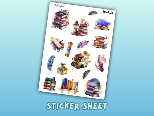 bookish stickers, fantasy stickers, watercolour stickers, sticker sheet, gifts for book lovers, gifts for book nerds, gothic stickers