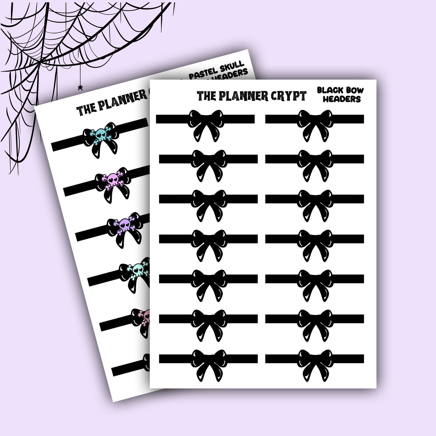planner stickers, goth planner, pastel bows, planner sticker headers, functional stickers, skulls and bows, pastel goth,