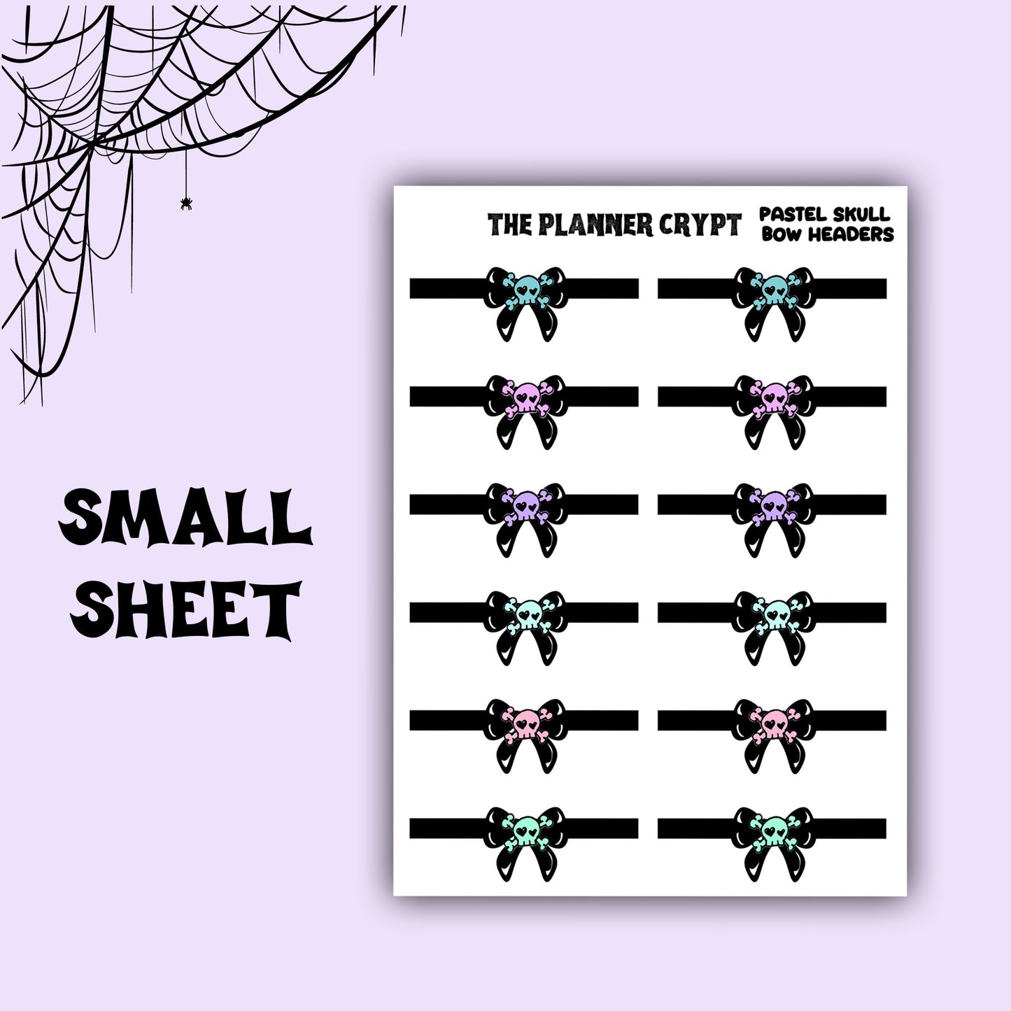 planner stickers, goth planner, pastel bows, planner sticker headers, functional stickers, skulls and bows, pastel goth,