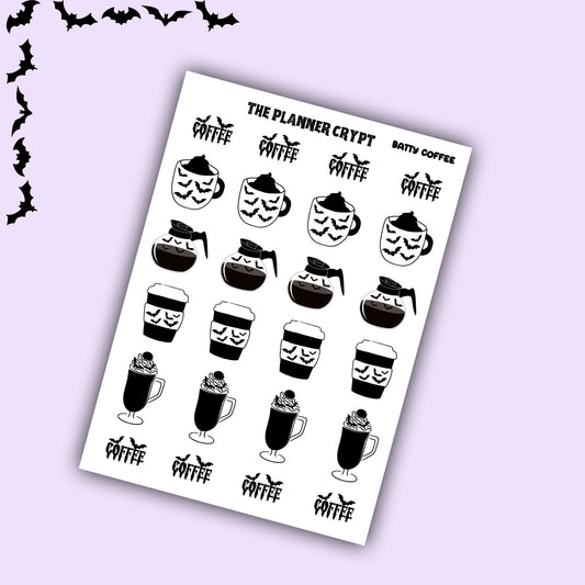 Coffee stickers, bats, spooky, planner stickers, goth planner, vertical planner, gothic stickers, functional stickers, weekly planner