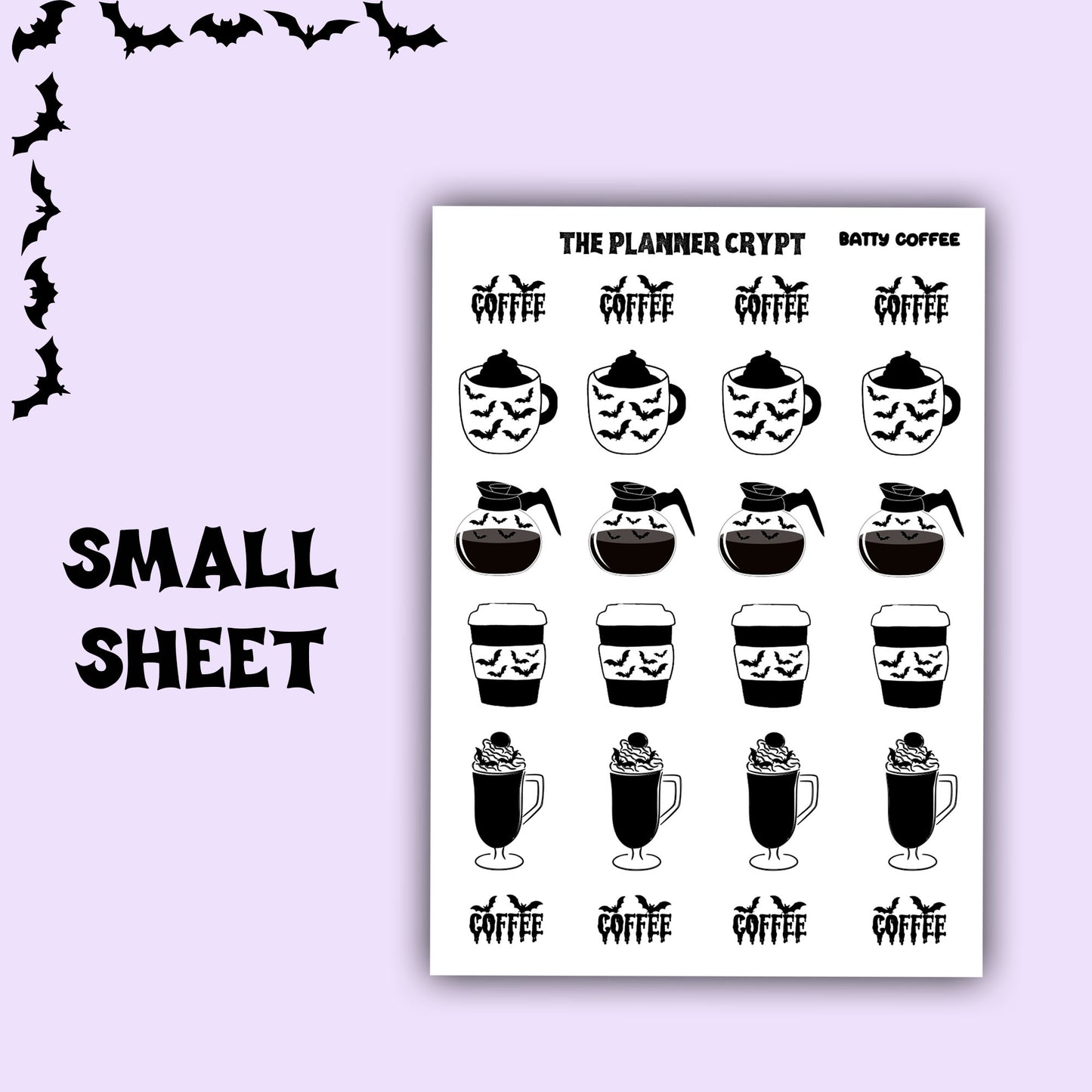 Coffee stickers, bats, spooky, planner stickers, goth planner, vertical planner, gothic stickers, functional stickers, weekly planner
