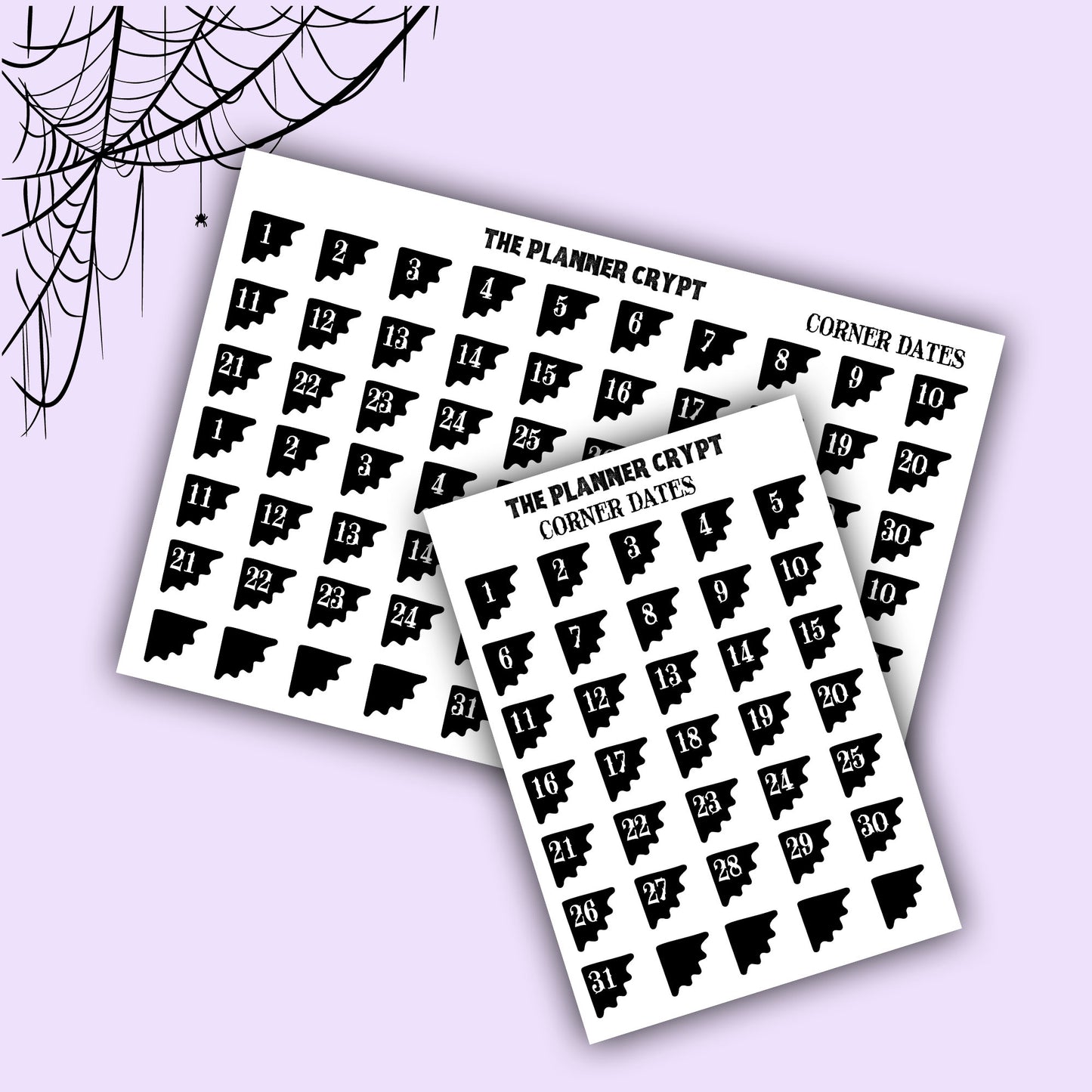 planner stickers, corner date covers, vertical planner, gothic planner, functional stickers, black and white stickers, spiderweb stickers