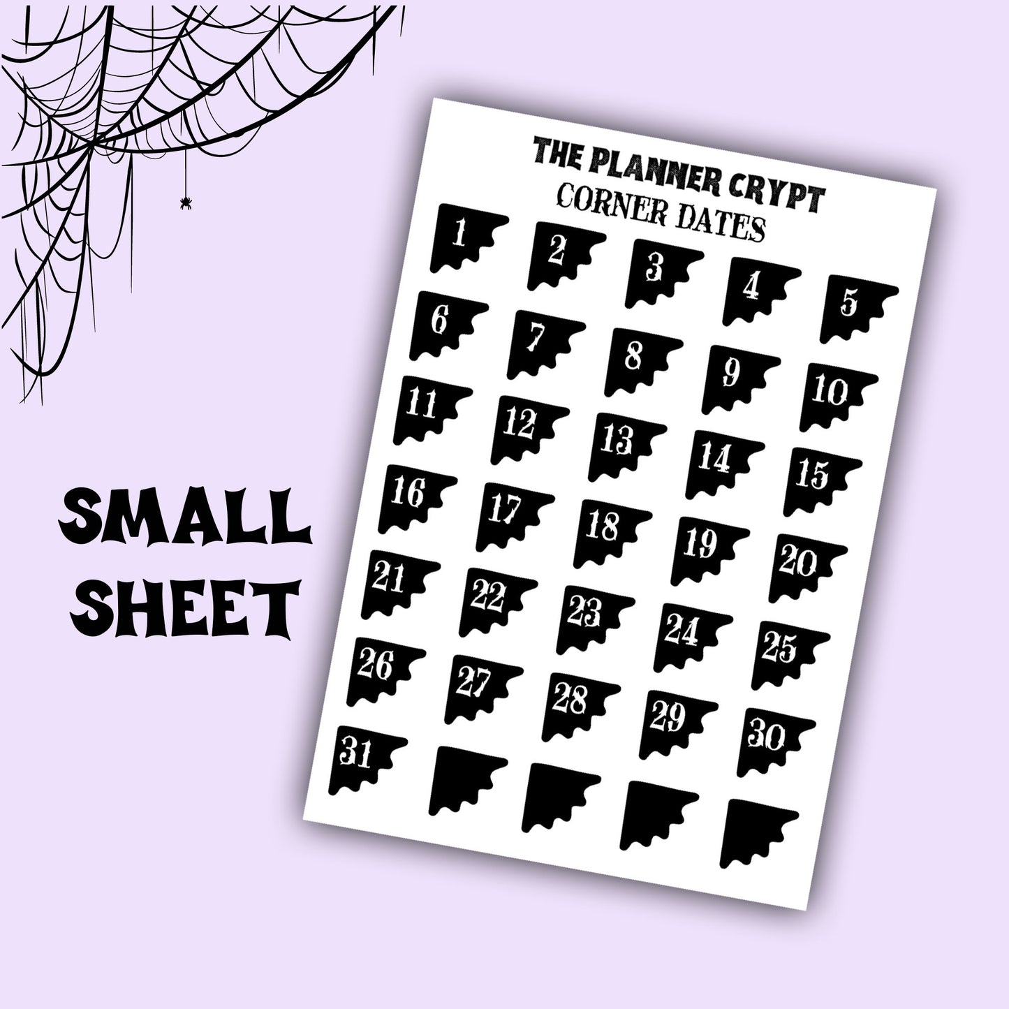 planner stickers, corner date covers, vertical planner, gothic planner, functional stickers, black and white stickers, spiderweb stickers