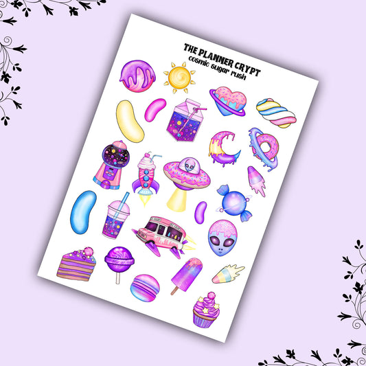 cosmic sugar rush sticker sheet, planner sticker.mini kit, vertical planner, small journal, cute stickers, space, alien, candy