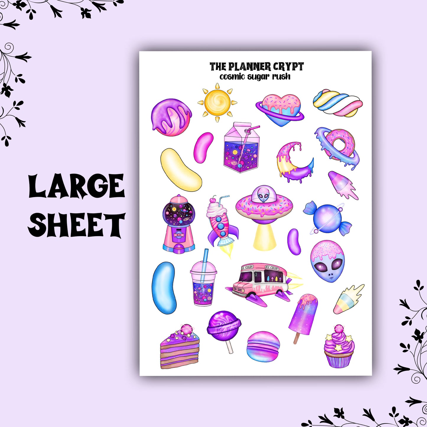 cosmic sugar rush sticker sheet, planner sticker.mini kit, vertical planner, small journal, cute stickers, space, alien, candy