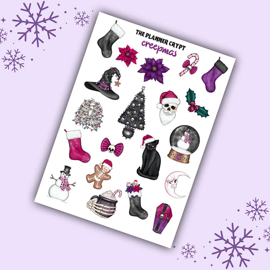 christmas sticker sheet, planner stickers, creepy stickers, vertical planner, small journal, spooky sticker sheet, gifts for christmas